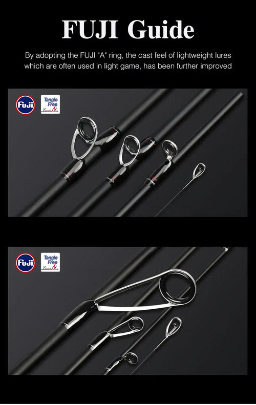 FUJI Guide ring system on carbon fishing rod tip with multiple line guides