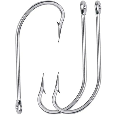 Three stainless steel saltwater J-hook fishing hooks with sharp barbed points