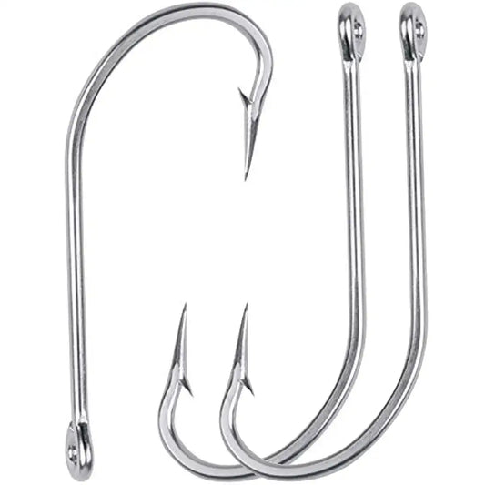 Three stainless steel saltwater J-hook fishing hooks with sharp barbed points
