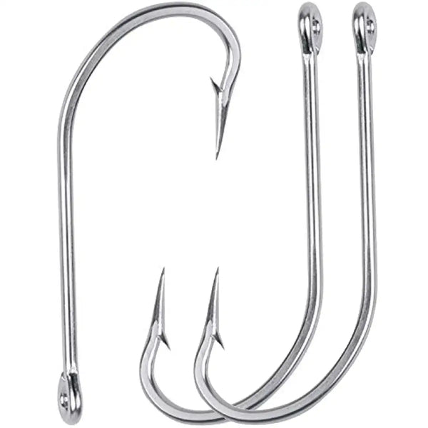 Three stainless steel saltwater J-hook fishing hooks with sharp barbed points
