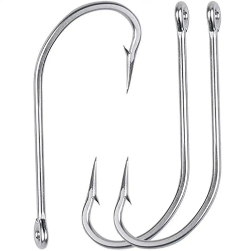 Three stainless steel J-hook fishing hooks with curved shanks and barbed tips