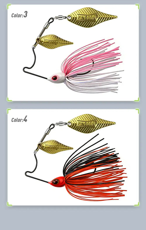 Titanium spinnerbait lure with gold blades and pink-and-white skirt