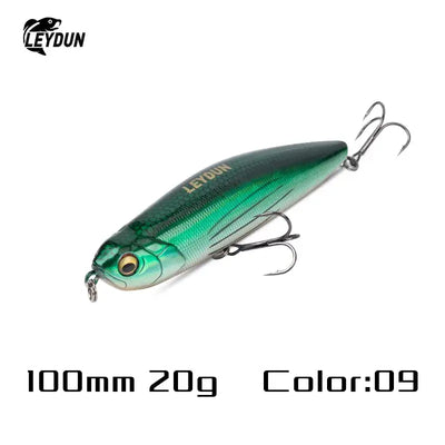 LeyduN z-claw floating pencil stickbait 100mm green teal topwater lure with realistic eye and bkk metallic hooks