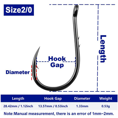 Size 2/0 offset circle fishing hook, barbed point, dark high-carbon steel