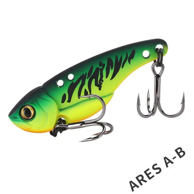 Vibrant green and yellow TSURINOYA ARES-A Metal VIB fishing lure with black stripes, gold eye, dual line-tie, and metallic hooks