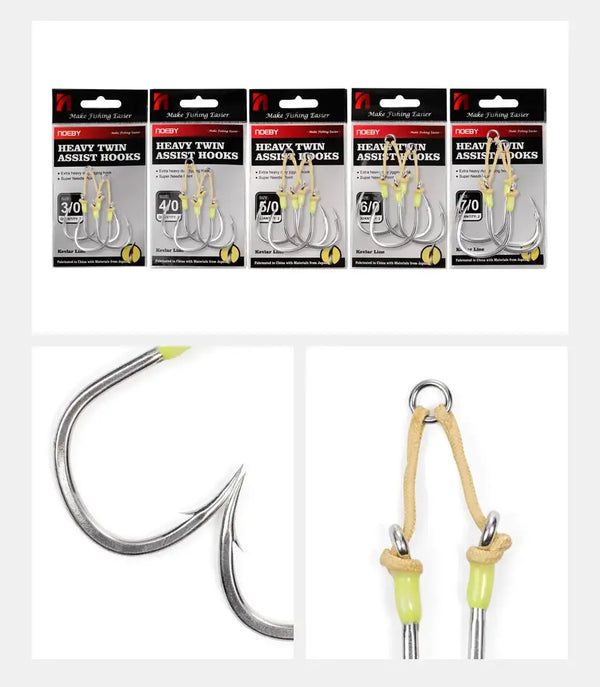 Heavy twin assist fishing hooks with yellow jig beads, super needle point