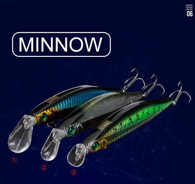 Minnow fishing lure pair in blue and green with clear lips and treble hooks