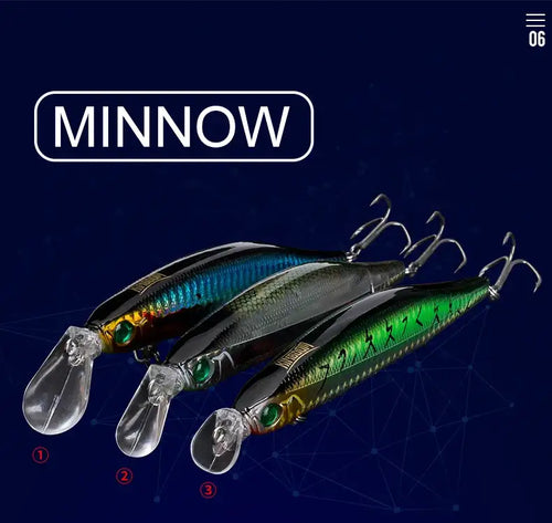 Minnow fishing lure pair in blue and green with clear lips and treble hooks