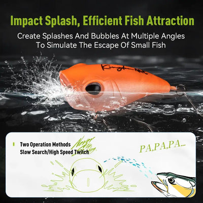 Orange floating topwater lure with large eye and treble hook in splash water.