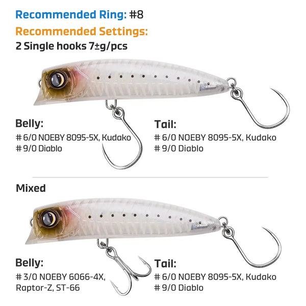 White diving popper fishing lure with two treble hooks and dot pattern on body