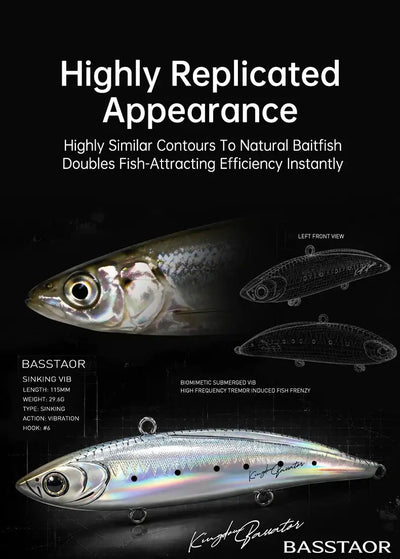 Basstaor sinking lure set view, silver speckled body with treble hooks, side profile