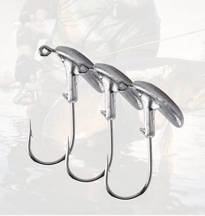 Set of jig head fishing hooks, silver metal, three hooks with barbed points