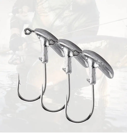 Set of jig head fishing hooks, silver metal, three hooks with barbed points