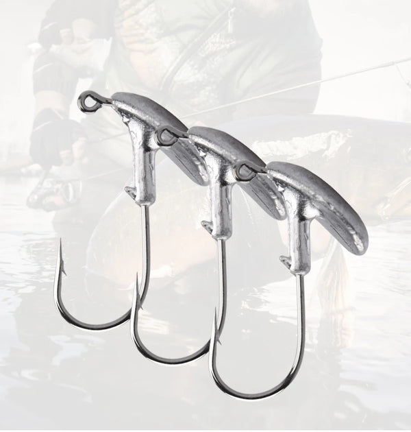 Set of jig head fishing hooks, silver metal, three hooks with barbed points