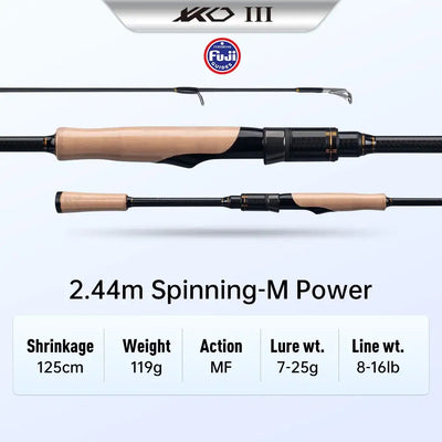 2.44m spinning fishing rod with cork handle and black carbon finish, MF action