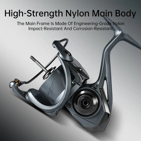 Spinning fishing reel with high-strength nylon body, dark gray frame and black spool