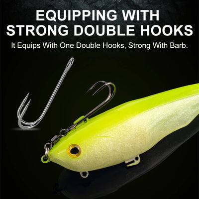Soft T-tail lure, yellow-green body with double treble hooks and barbed hooks