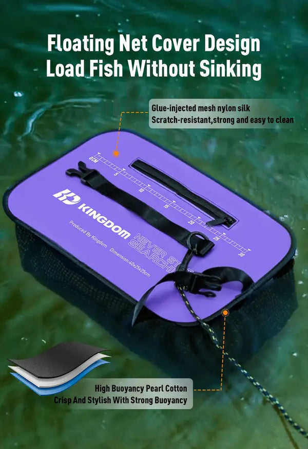 Floating fish keep net with purple cover, black straps, and anti-slip rope on mesh