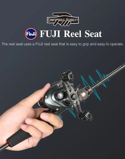 Spinning fishing reel seat on fishing rod with hand holding the reel