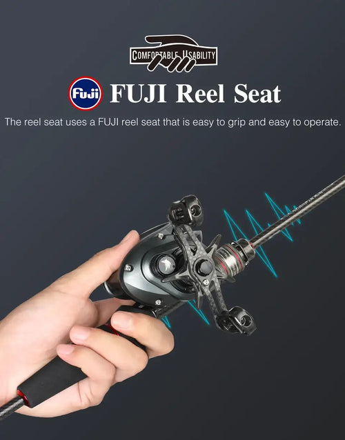 Spinning fishing reel seat on fishing rod with hand holding the reel
