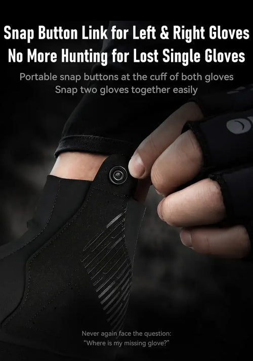 Black half-finger fishing gloves with snap-button cuff and fingerless design