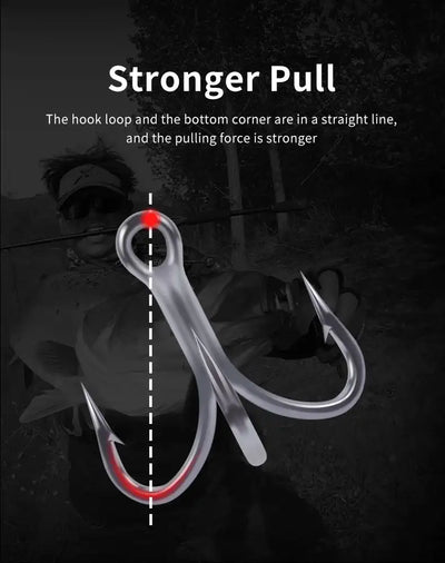 Two treble fishing hooks with barbed prongs and center-loop alignment marker