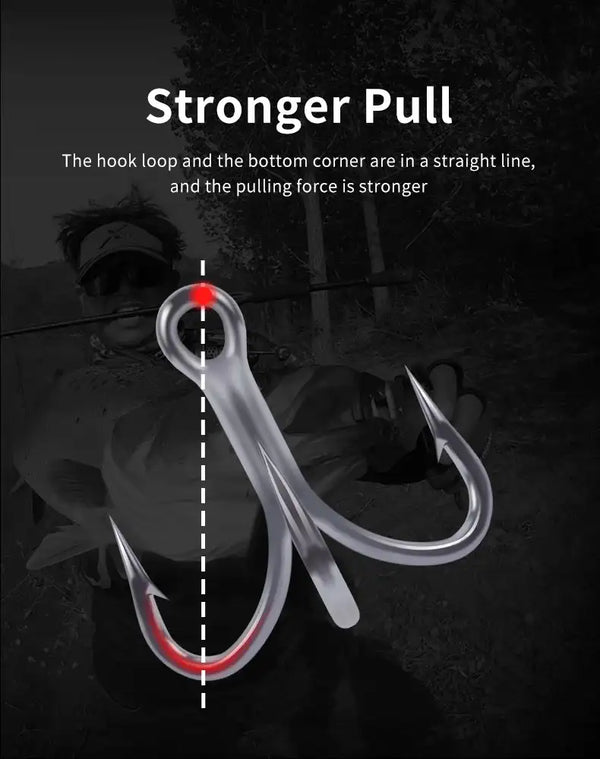 Two treble fishing hooks with barbed prongs and center-loop alignment marker
