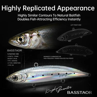 Basstaor 006 sinking lure with treble hooks, silver body with speckled dots and yellow eye