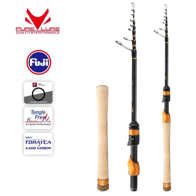 Telescopic fishing rod with split cork handle and orange accents, black carbon shaft