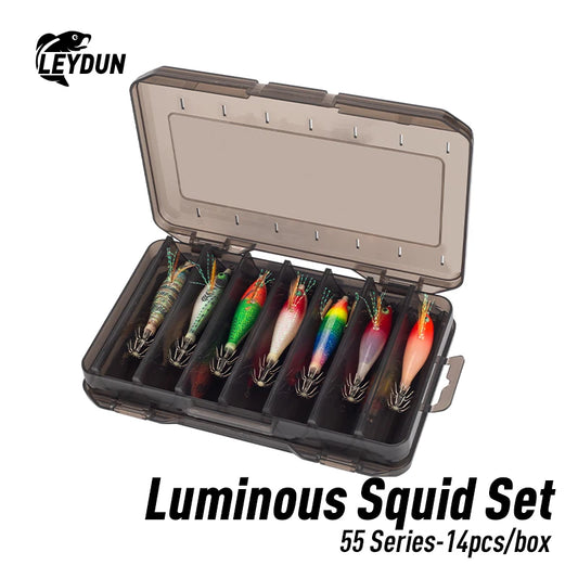 Luminous squid jig set in clear-top plastic case with 14 shrimp-style lures