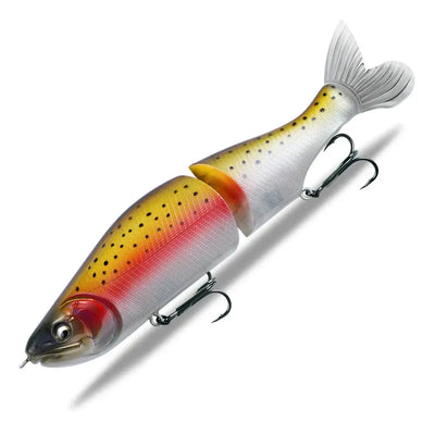 Jointed minnow fishing lure, white and gold body with red banding and dot pattern