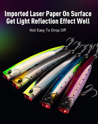 Set of floating topwater popper lures in multiple colors with treble hooks