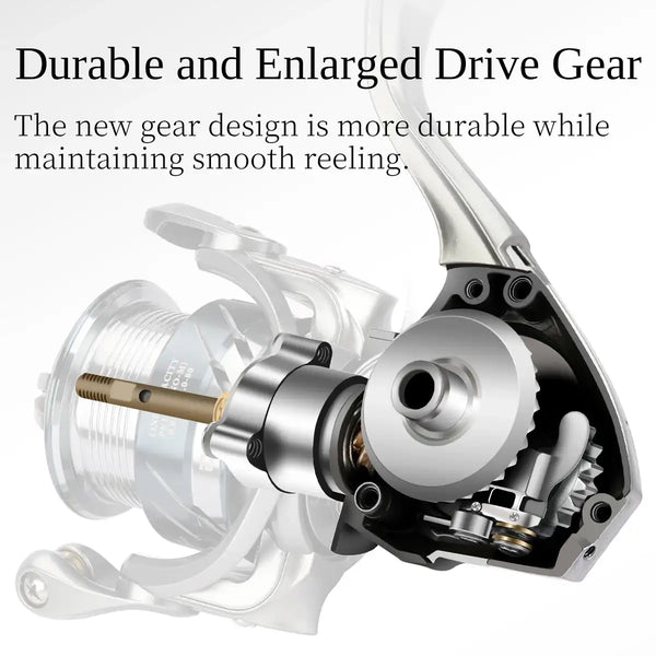 Silver spinning reel with visible internal gear housing and large spool