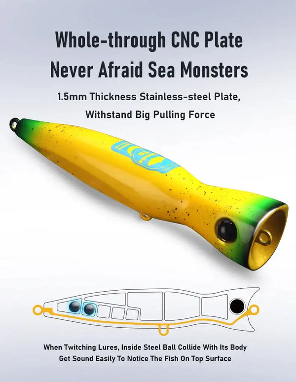 Yellow speckled popper fishing lure with blue stripe, 3D fish eye, and hooks