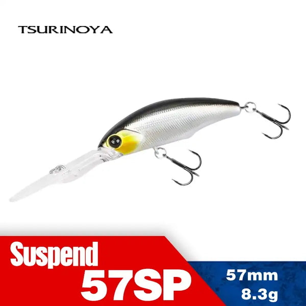 Suspending minnow hard body fishing lure, silver with yellow belly and black back.