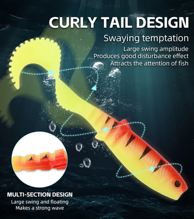 Curly-tail soft swimbait lure, red-orange shad body with bright chartreuse tail curl.