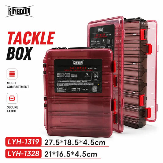 Red double-sided plastic tackle box with secure latch and multiple lure compartments