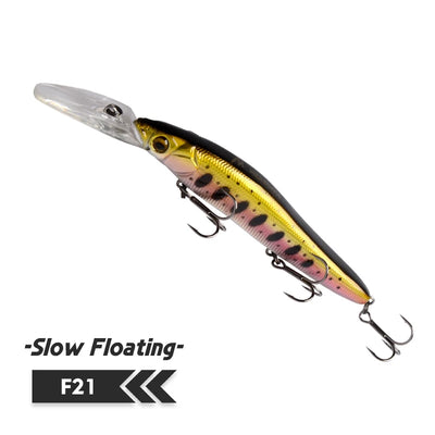 110mm minnow wobbler hard bait in yellow-black with pink spots, treble hooks