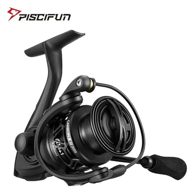 Black spinning fishing reel with large spool and curved handle, front view