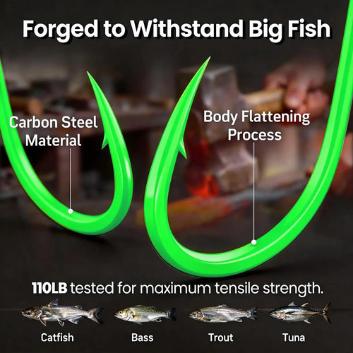Fluorescent green offset circle fishing hook with curved, barbed shank