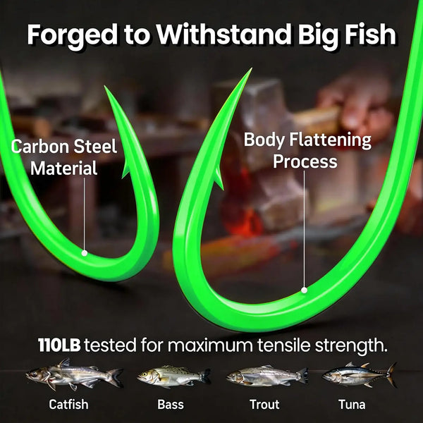 Fluorescent green offset circle fishing hook with curved, barbed shank