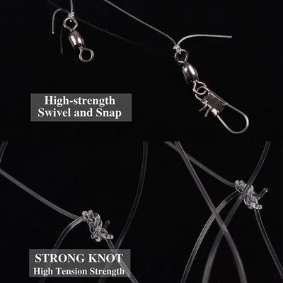 Fishing rig hardware with swivel and snap connection and strong knot line system.