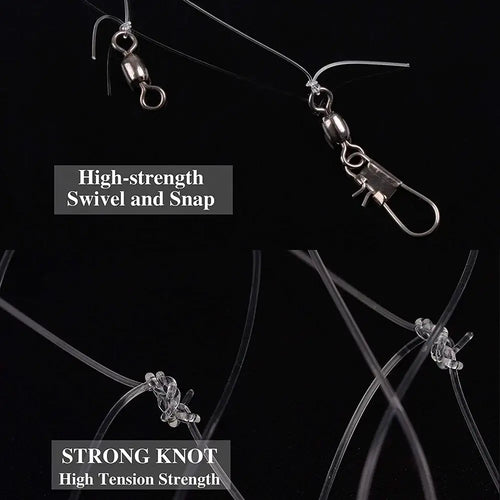 Fishing rig hardware with swivel and snap connection and strong knot line system.