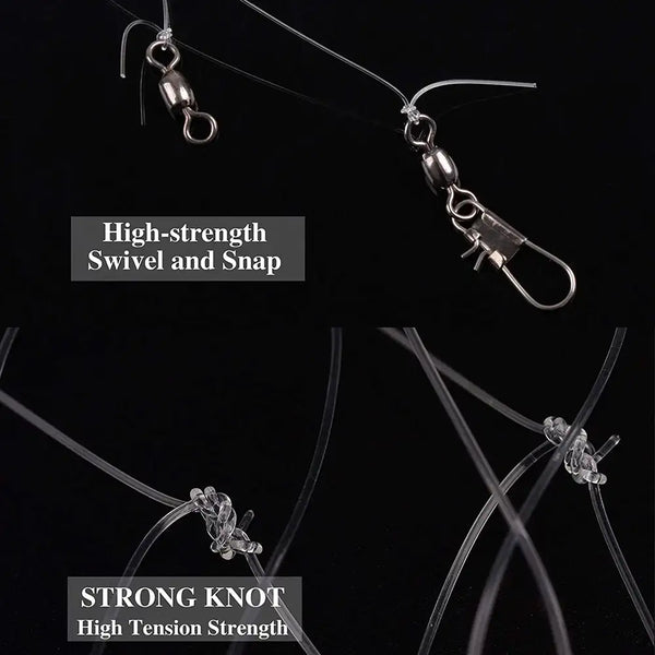 Fishing rig hardware with swivel and snap connection and strong knot line system.