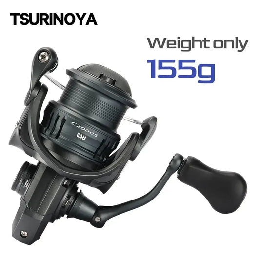 TSURINOYA 155g spinning reel shown on white background, black spool and handle