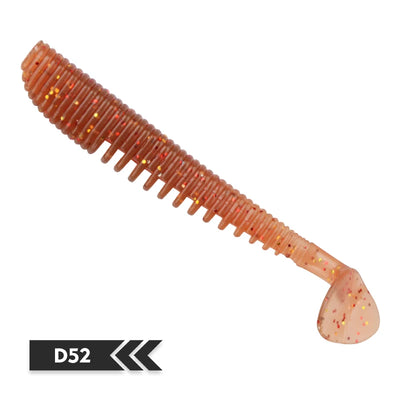 Soft fishing lure, orange translucent silicone bait, ribbed body, speckled tapered paddle tail