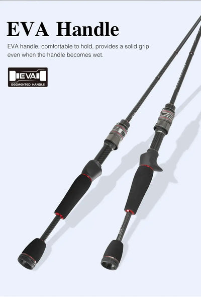 Ultralight spinning fishing rod with black EVA grips and red accent rings