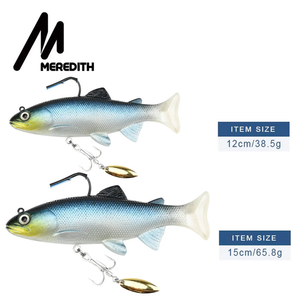 Pair of blue-gray trout swimbait lures with gold spinner blades and treble hooks