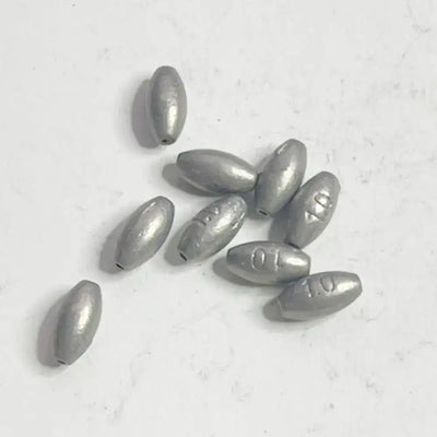 Olive hollow lead sinkers, silver-gray teardrop weights with stamped size markings