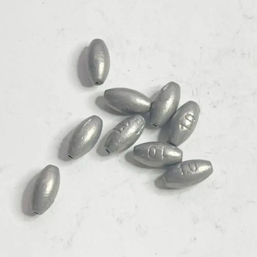 Olive hollow lead sinkers, silver-gray teardrop weights with stamped size markings